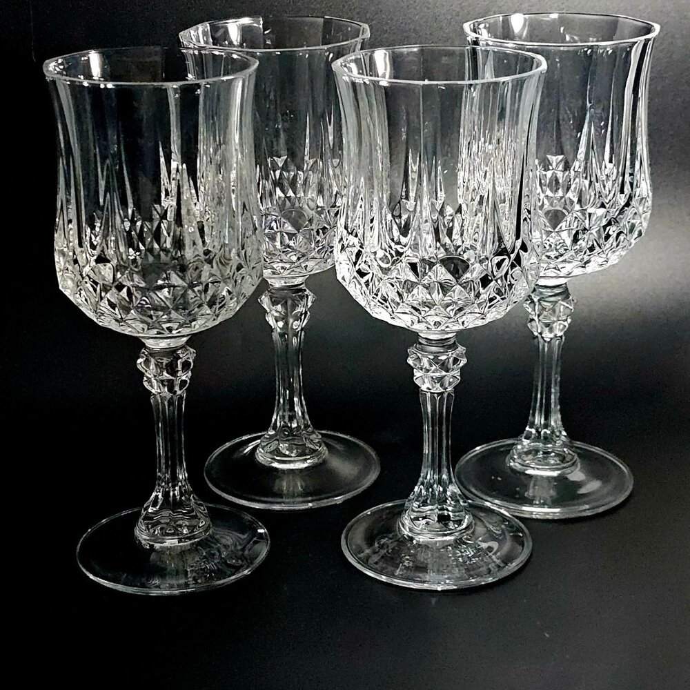 4 Cristal DArques Longchamp Water Glasses 7" Crystal 1980s France vintage 8oz